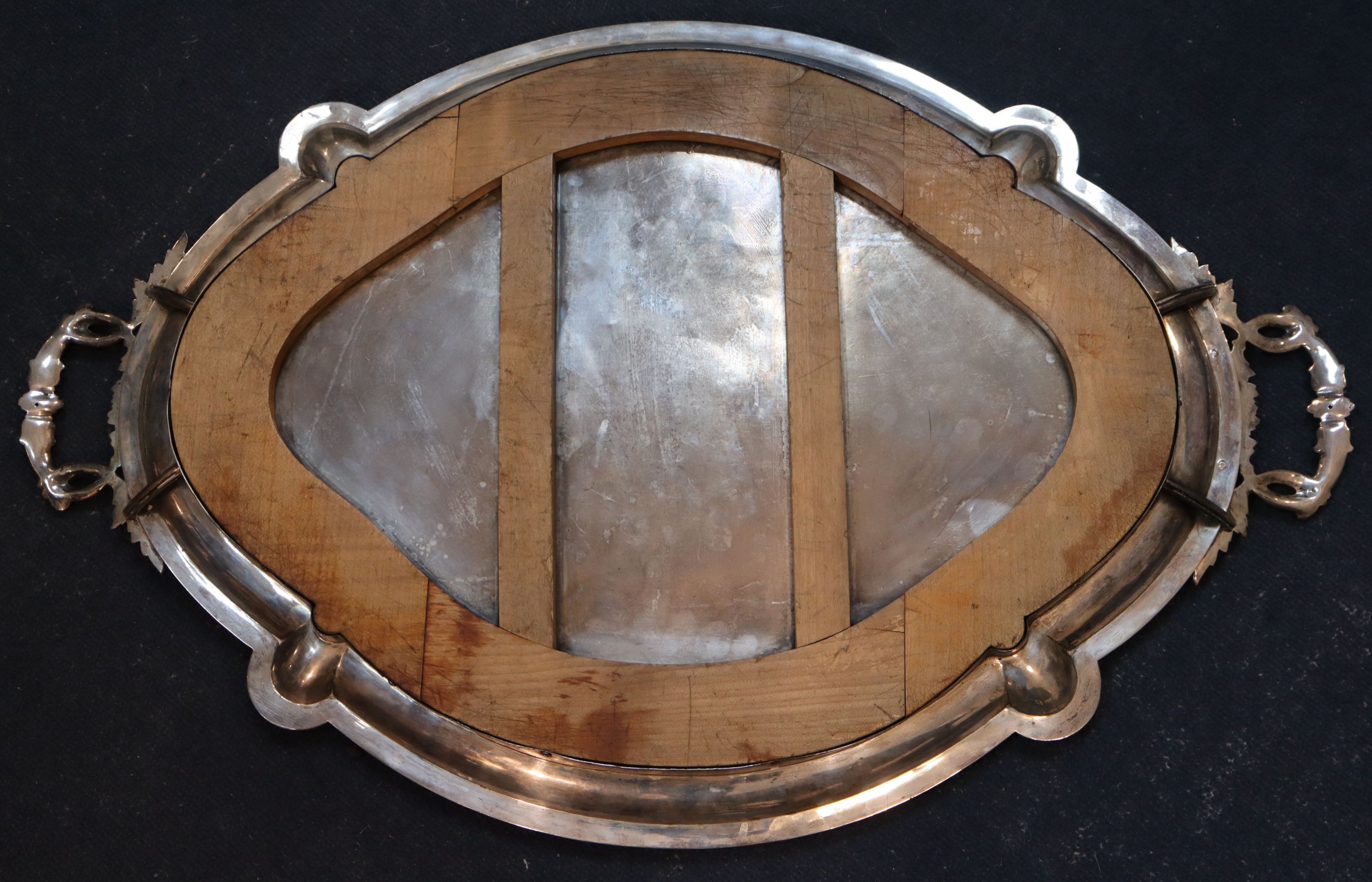 An Austro-Hungarian two handled oval 800 white metal tray, c.1880, with inset wooden base, width 68.6cm, gross 70oz.
